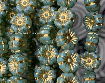 Turquoise flower beads Czech Glass 8mm Hawaiian Flower Beads 12pc blue