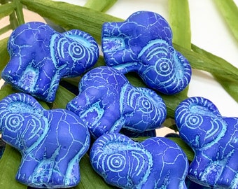 Blue Elephant Beads, 3PC matte blue with turquoise wash Czech glass elephant beads Animal beads