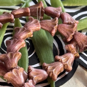 Pink Lily Beads • Czech Lily Beads • 15pc • Pink and Bronze Lily Flower Beads • Tulip Beads
