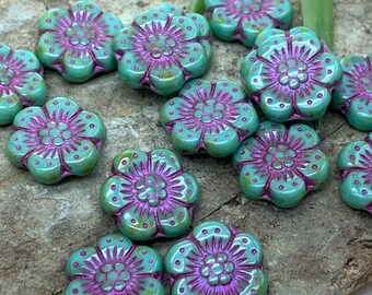 Turquoise and purple flower beads • 14mm 10pc • Czech Glass wild rose or anemone flower beads