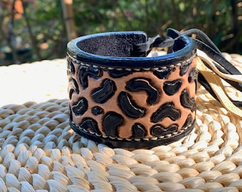 Leopard Print Bracelet • Tooled Leather Cuff Bracelet • Cheetah