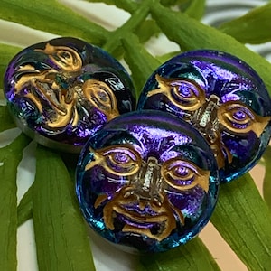Purple moon button Czech glass moon face buttons Purple and gold Czech glass man on the moon button 18mm