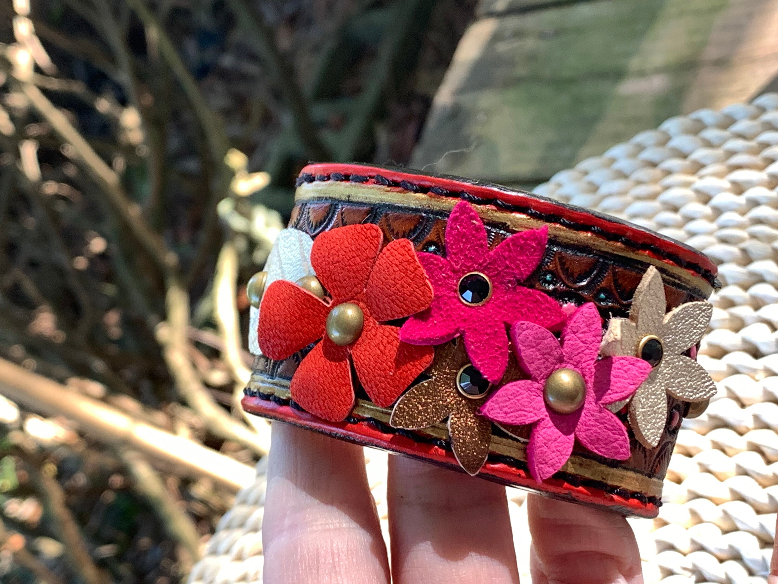 Leather Flower Bracelet • Tooled Leather Cuff Bracelet