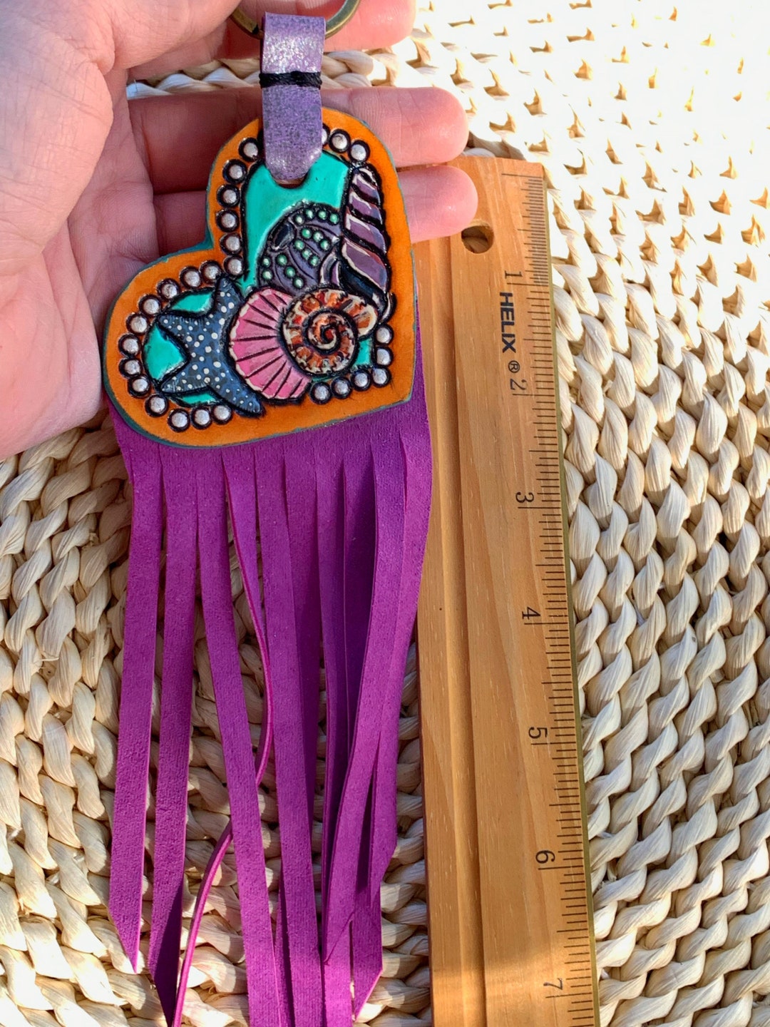 Tooled Leather Purse Charm Leather Keychain Surfer Gift Sea Shells