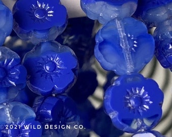 blue and clear flower beads 8mm Czech Glass Hawaiian Flower Beads 12pc  hibiscus flower beads