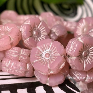 Pink flower beads pink with silver 12mm Czech Glass Hawaiian Flower Beads 12 pcs pink hibiscus beads
