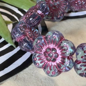 Purple Flower Beads • 14mm 12pc • Czech Glass Wild Rose Anemone Flower Beads • Transparent Purple w Pink Wash