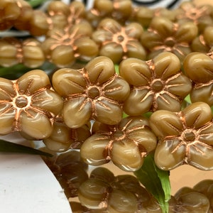 Tan and copper daisy flower beads Czech Glass Puffed 3d Flower beads 10pc tan silk