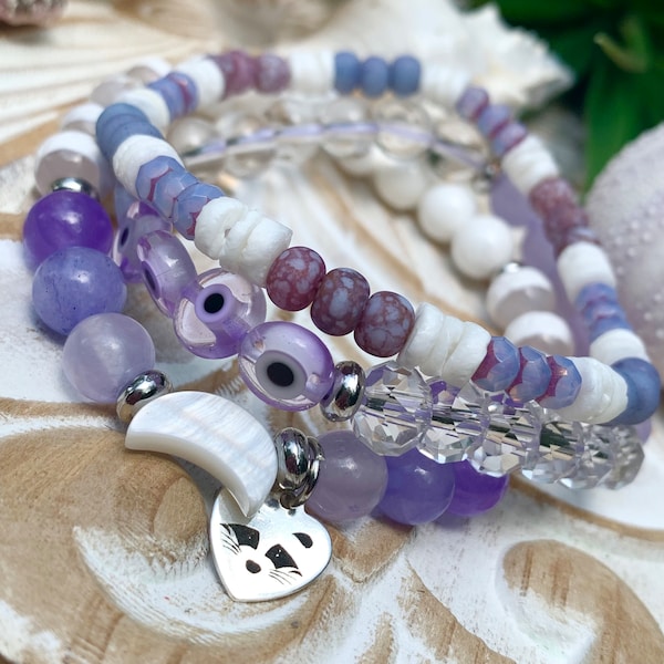 Purple Gemstone Bracelet Set • Fluorite • Chalcedony • Charoite • Purple Jade • Evil Eye • Mother of Pearl • Clear Quartz • Raccoon Lover