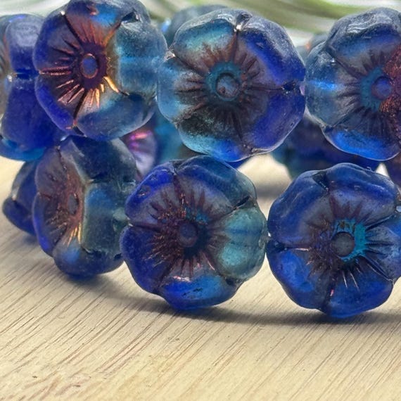 Blue Hibiscus beads •  Czech Glass Hawaiian Flower Beads • 12pc • 12mm • Window Cut beads • Matte Blue w Volcano finish