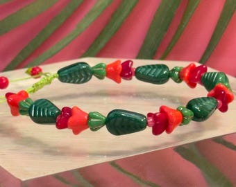 Cactus Bracelet • Czech Glass Red Cactus Flower Bracelet • Adjustable Slide Knot • Gardener Gift • Christmas Cactus Bracelet • Cowgirl Gift
