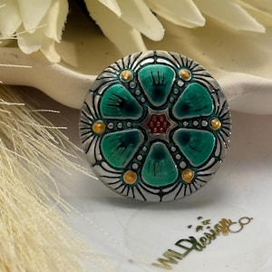 Green Czech Glass buttons w Green hand painted design Czech glass flower button 27mm