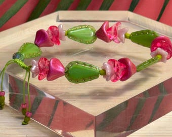 Cactus Bracelet • Czech Glass Pink Cactus Flower Bracelet • Adjustable Knot • Gardener Gift • Christmas Cactus Bracelet • Cowgirl Gift