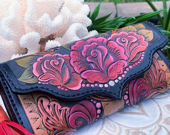 Rose Tooled Leather Clutch • Handmade Cowgirl Wallet • Western Clutch Purse • Boho Artisan Handbag • Clutch Handbag • Floral Tooling •