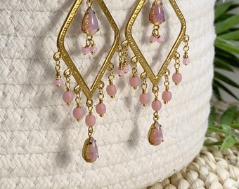 Vintage Glass Fire Opal Earrings • Pink Fire Opal • Czech Glass Fire Opal Earrings • Dangle drop earrings