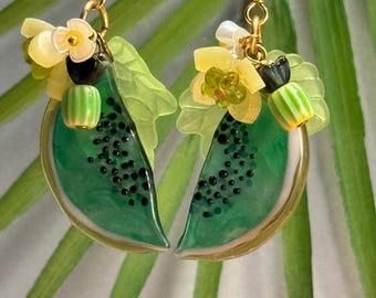 Glass Fruit Earrings • Dangle Fruit Earrings • Czech Glass Kiwi Jewelry • Fruit Jewelry • Carmen Miranda Jewelry • Retro Glam Jewelry