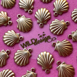 Shell Charm • Raw Brass • Scallop Shell Charm Findings • 12pc • 100% Solid Brass • Brass parts • Wind Chime Parts • Lamp Parts