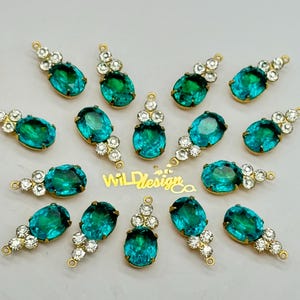 Vintage turquoise Rhinestone Drops •  Oval Chaton in Brass Setting Single Loop •  blue green glass • Czechoslovakia marked• 2pc