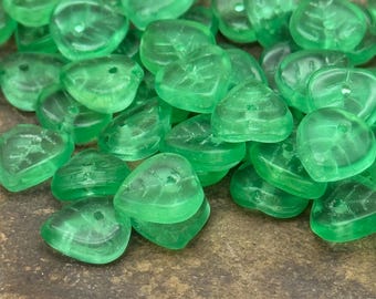 Green Leaf Beads • Czech Glass Green Leaves • Pendant Style • 30pc • Leaf Beads • Transparent Green • Pendant Style Leaf Beads • 9mm
