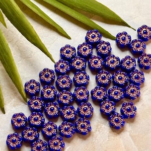 Tiny Blue Flower Beads • Czech Glass Flower Beads • 6mm • 25pc • Blue and Copper • Wild Rose Beads • Anemone Flower Beads • Opaque Blue