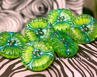 Green Czech buttons w Turquoise wash Czech glass flower button 18mm