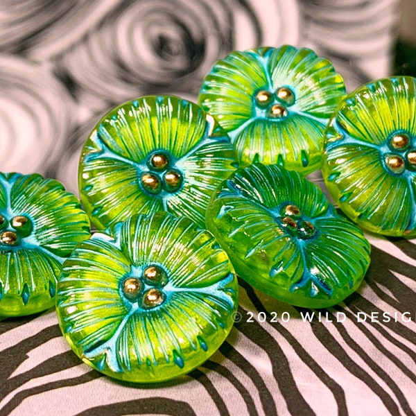 Green Czech buttons w Turquoise wash Czech glass flower button 18mm