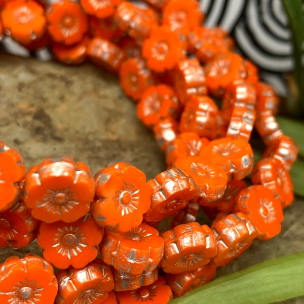 Orange flower beads w silver wash 8mm opaque orange Czech Glass Hawaiian Flower beads 10pc Tiny hibiscus beads