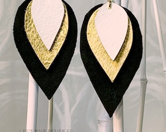 Black white and gold leather earrings Genuine leather, teardrop or drop earrings