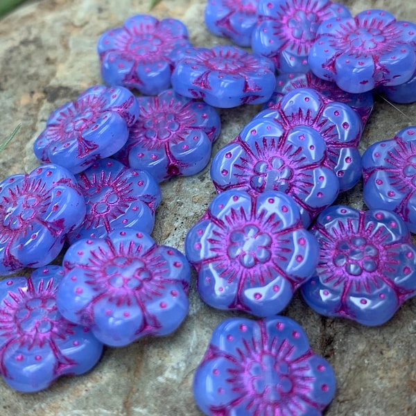 Purple flower beads • 14mm 10pc • Czech Glass wild rose or anemone flower beads • Purple opaline Lilac Opaline
