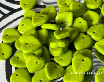 Avocado Green Leaf Beads • Czech Glass Green Leaves • Pendant Style • 20pc • Leaf Beads