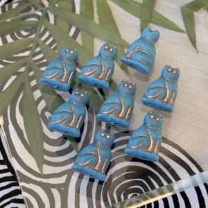 Sky Blue cat beads 2pc Czech glass cat beads Czech animal beads cats w faceted crystal set eyes Blue and Rose gold
