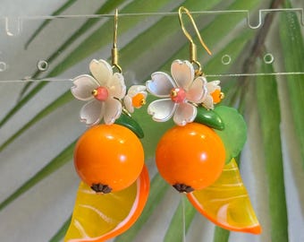 Glass Fruit Earrings • Dangle Fruit Earrings • Czech Glass Orange Jewelry • Fruit Jewelry • Carmen Miranda Jewelry • Retro Glam Jewelry