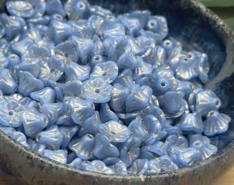 Blue Bell flower Beads 50pc 5x7mm Czech Glass baby bell flower beads blue and silver bellflower small tiny flower beads