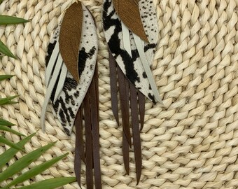 Cowhide leather feather earrings Genuine leather, long leather earrings, hair on hide