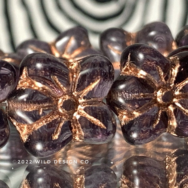 Purple flower beads purple daisy flower beads  Czech Glass Puffed 3d Flower beads 10pc purple and copper