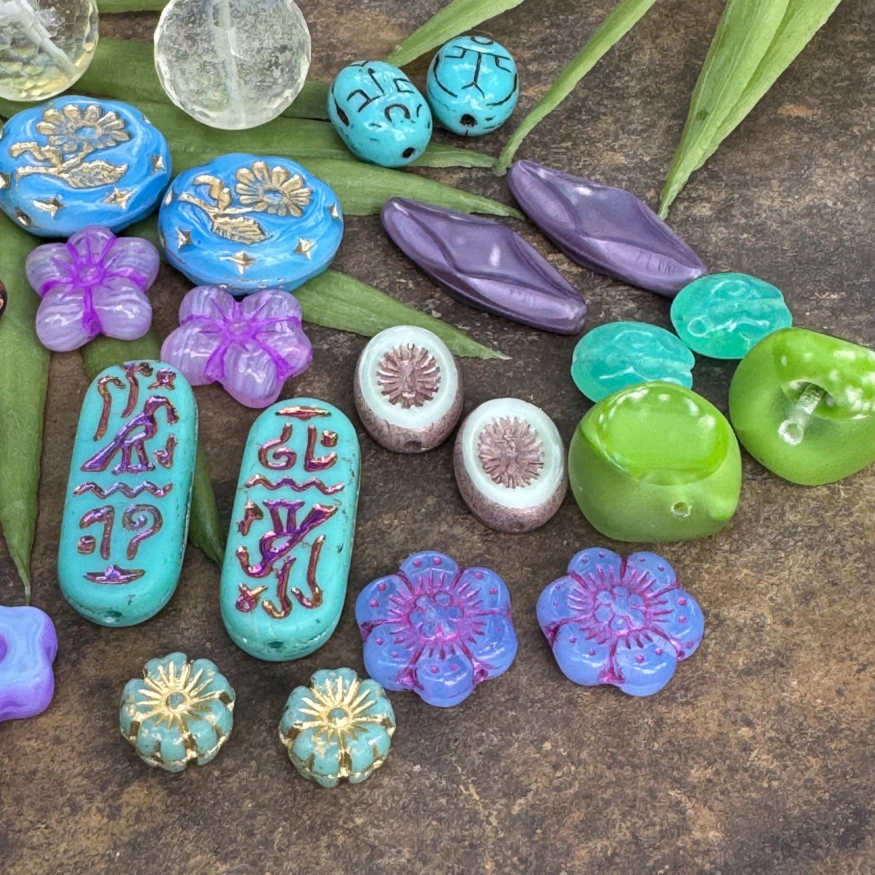 Czech Bead Mix • Matched Pairs • DIY Jewelry Supplies • Blue Green Purple • Flower Bead Mix