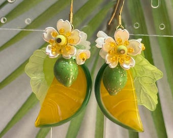 Glass Fruit Earrings • Dangle Fruit Earrings • Czech Glass Lime Jewelry • Fruit Jewelry • Carmen Miranda Jewelry • Retro Glam Jewelry