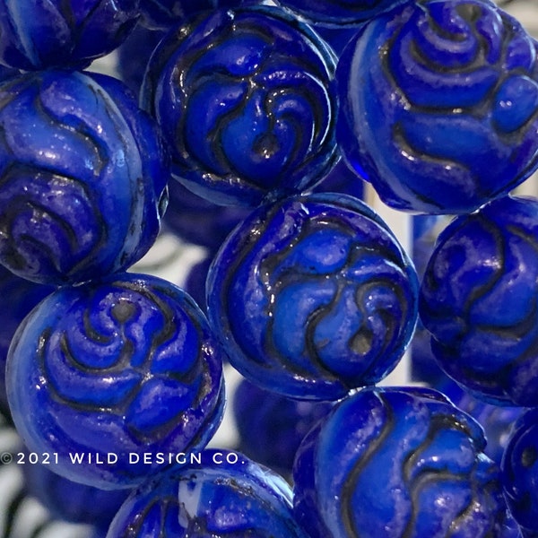 Blue rose flower beads 13mm 5pc Czech Glass round rose bud flower beads shamballa beads