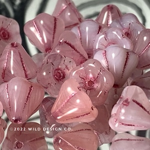 Pink Bell flower Beads 8x10mm Czech Glass beads pink swirl 15pc bellflower