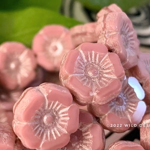 Pink flower beads pink with silver 12mm Czech Glass Hawaiian Flower Beads 12 pcs pink hibiscus beads
