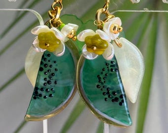 Glass Fruit Earrings • Dangle Fruit Earrings • Czech Glass Kiwi Jewelry • Fruit Jewelry • Carmen Miranda Jewelry • Retro Glam Jewelry