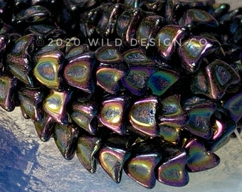 Black luster Bell flower Beads 4x5mm Czech Glass 4 petal rainbow on black 25pc bellflower