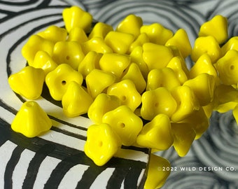 Yellow Bell flower Beads 25pc 6x8mm Czech Glass bellflower beads bright opaque yellow flower beads