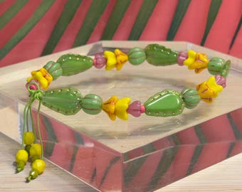 Cactus Bracelet • Czech Glass Yellow and Pink Cactus Flower Bracelet • Adjustable • Gardener Gift • Christmas Cactus Bracelet • Cowgirl Gift