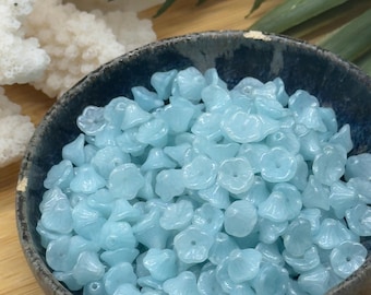 Blue Bell flower Beads 50pc 5x7mm Czech Glass baby bell flower beads light blue bellflower small tiny flower beads