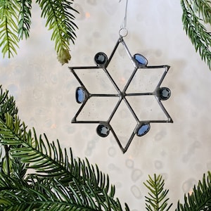 Stained glass snowflake ornament or sun catcher stained glass and vintage gems blue and silver snowflake holiday gift