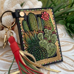 Tooled Leather Card Wallet •  Leather • Minimalist Wallet • Mini Wallet• Floral wallet • Leather Flowers • Cactus Wallet • Keychain  wallet