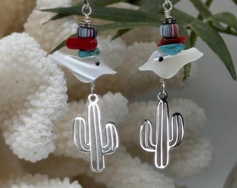 Orecchini a forma di uccello con corallo turchese vintage e uccelli Zuni • Orecchini a forma di uccello con corallo, turchese e conchiglia •
