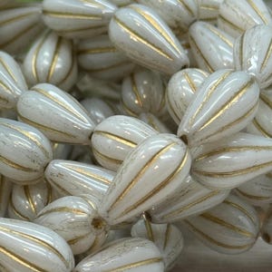 White and gold drop Beads Czech Glass 10 pc fluted melon drop beads