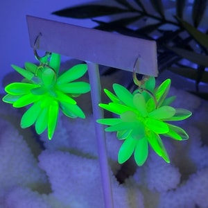 Puede incluir: Un par de pendientes en forma de flor verde neón. Cada pendiente presenta múltiples pétalos translúcidos que irradian desde un punto central, sujetos a aros dorados. Los pendientes se muestran sobre un fondo suave y borroso.